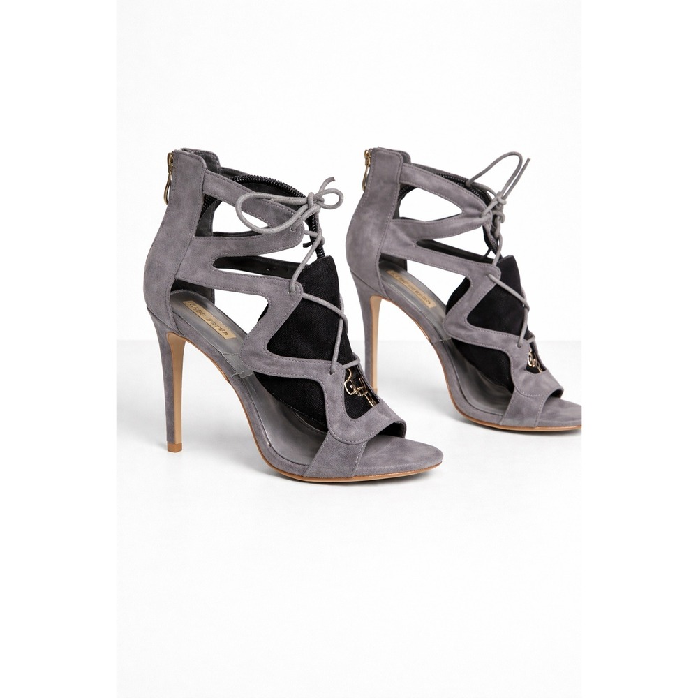Cape Robbin Size 10 Grey Faux Suede Lace Up Cage Stiletto Heel Sandals